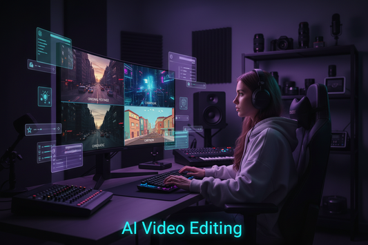Dark neon home studio banner showing a female creator at a laptop with four different AI‑styled video panels on screen and bold ‘AI Video Editing’ text at the bottom.