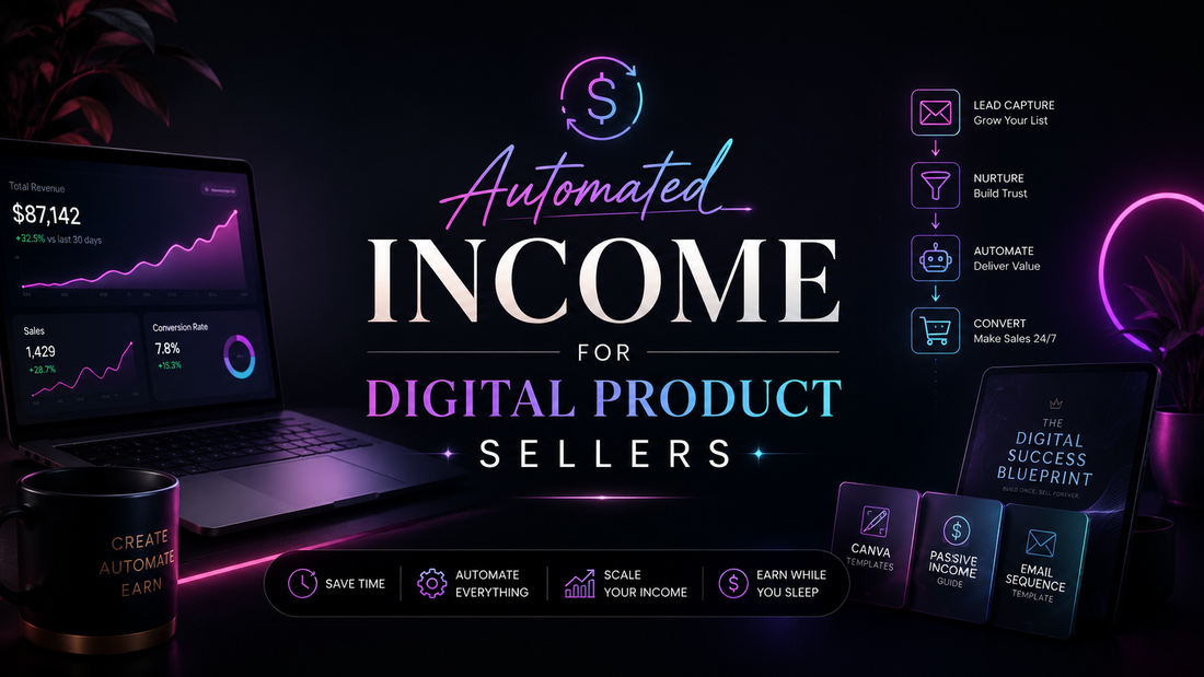 Automated income system for digital product sellers with neon funnel, email sequence, digital product sales page, freebie sneak peek and online income dashboard.