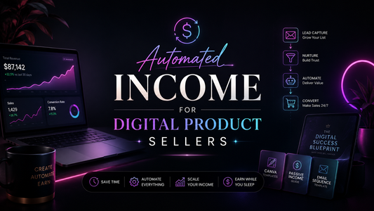 Automated income system for digital product sellers with neon funnel, email sequence, digital product sales page, freebie sneak peek and online income dashboard.