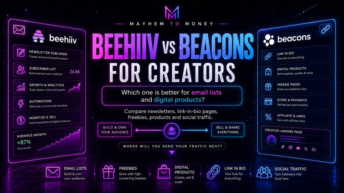Beehiiv vs Beacons for creators blog banner by Mayhem to Money, comparing email lists, newsletters, link-in-bio pages, digital products and social traffic funnels.