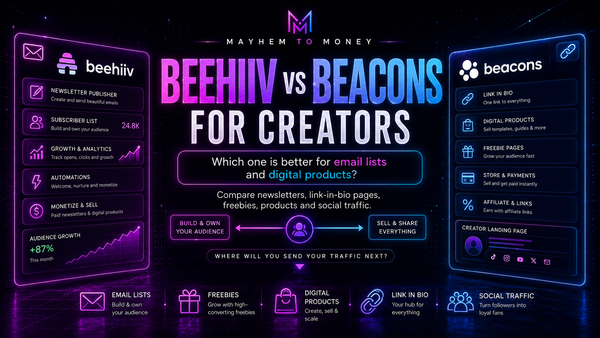 Beehiiv vs Beacons for creators blog banner by Mayhem to Money, comparing email lists, newsletters, link-in-bio pages, digital products and social traffic funnels.