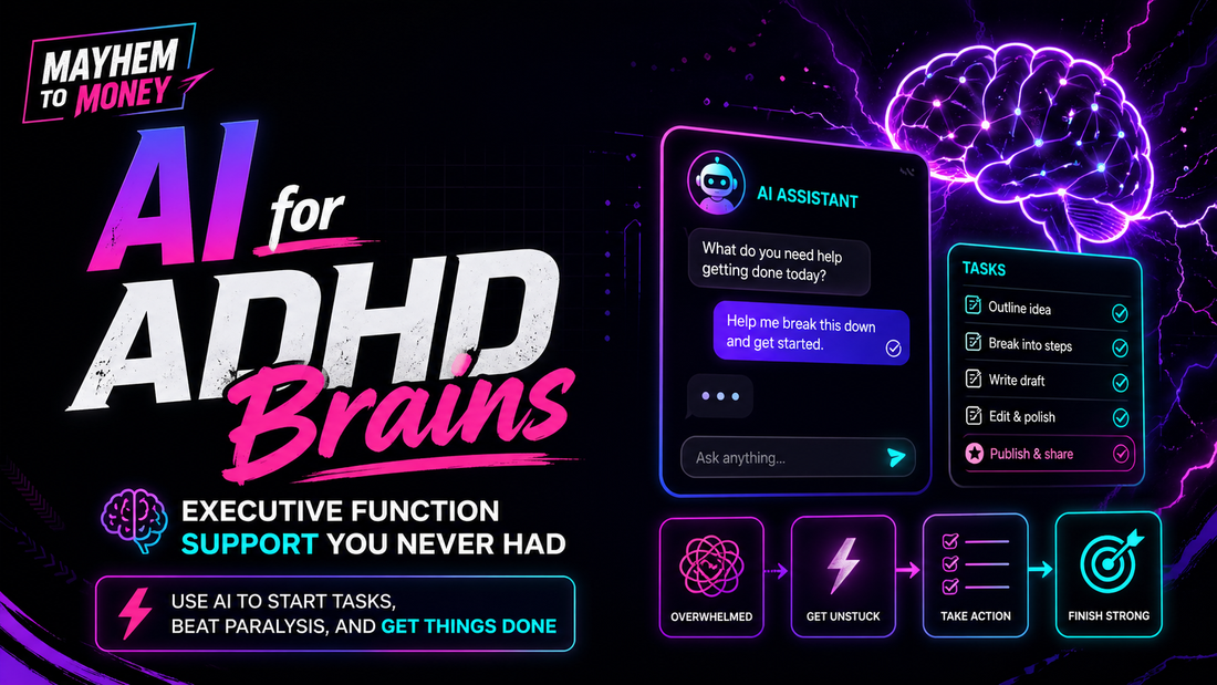 Neon Mayhem to Money blog banner showing “AI for ADHD Brains” with glowing AI chat, task checklist, and brain graphics, illustrating AI as executive function support for starting tasks and getting things done.