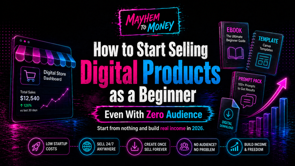Mayhem to Money blog banner for “How to Start Selling Digital Products as a Beginner,” featuring neon graphics, digital product mockups, and messaging about selling digital products with zero audience in 2026.