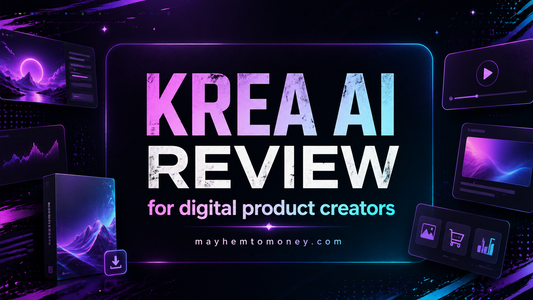 KREA AI review for digital product creators showing neon AI design tools, content cards, and Mayhem to Money branding