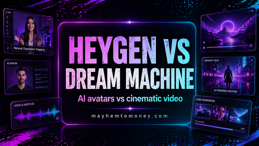 HeyGen vs Dream Machine comparison banner for digital product creators, AI avatars vs cinematic video