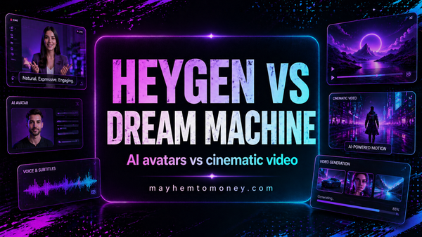 HeyGen vs Dream Machine comparison banner for digital product creators, AI avatars vs cinematic video