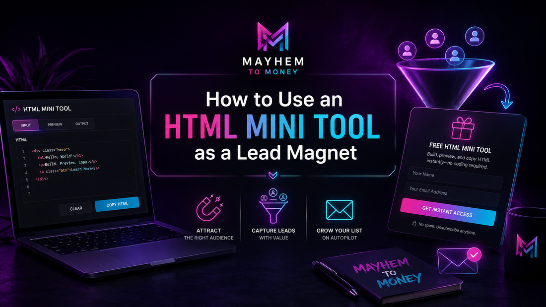HTML mini tool lead magnet funnel with neon opt-in page, email list, free tool preview, thank-you page and digital product offer.