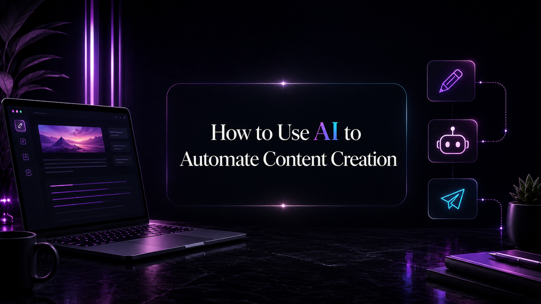AI content automation system with neon laptop, blog post drafts, social media cards, email sequence, content calendar and workflow dashboard.