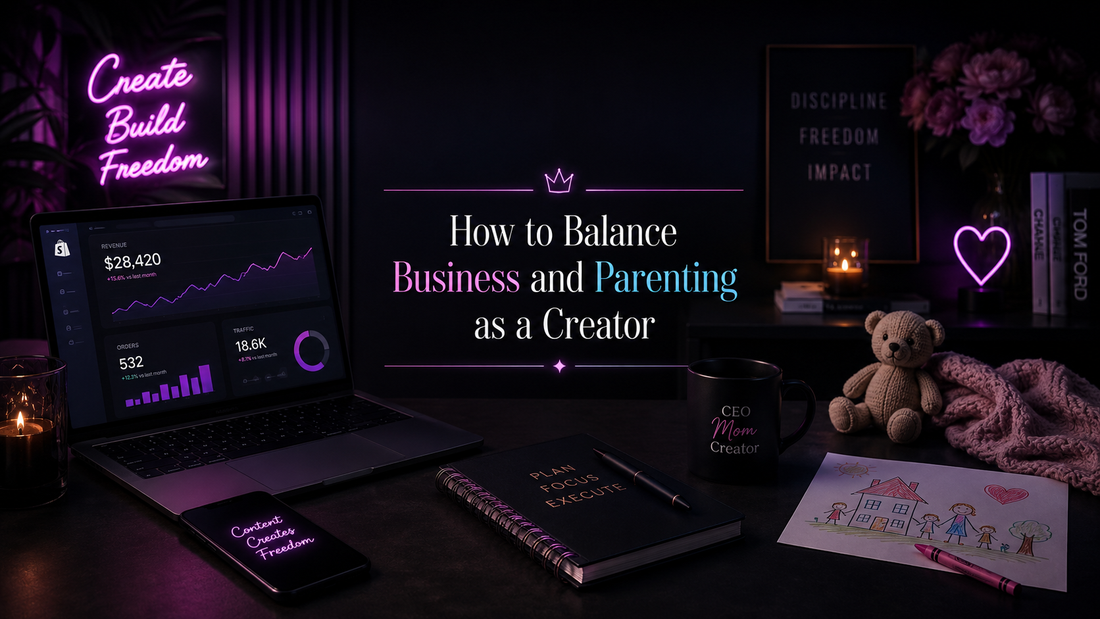 Parent creator balancing business and kids with dark neon laptop, AI tools, content workflow cards, digital products and family chaos.