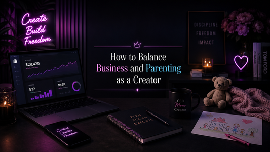Parent creator balancing business and kids with dark neon laptop, AI tools, content workflow cards, digital products and family chaos.