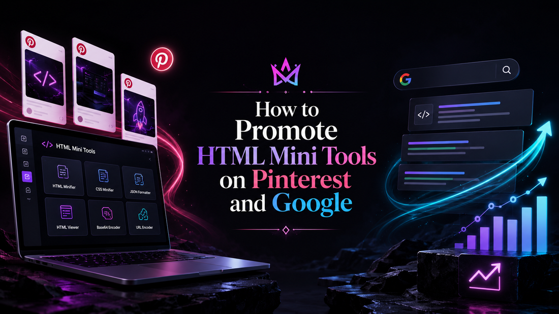 HTML mini tools promoted on Pinterest and Google with neon search results, product mockups, blog posts, pins and digital product traffic dashboard.