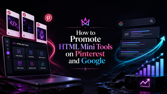 HTML mini tools promoted on Pinterest and Google with neon search results, product mockups, blog posts, pins and digital product traffic dashboard.
