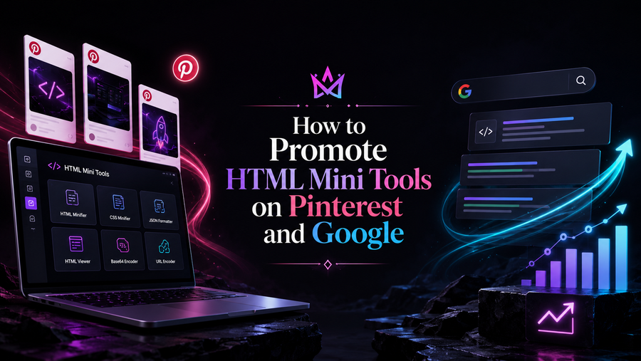 HTML mini tools promoted on Pinterest and Google with neon search results, product mockups, blog posts, pins and digital product traffic dashboard.