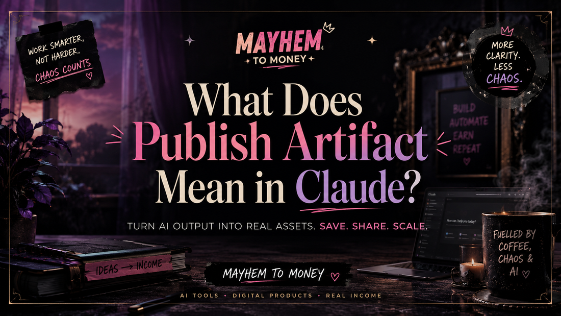 Dark Mayhem to Money blog banner explaining what publish artifact means in Claude for AI creators and digital product sellers