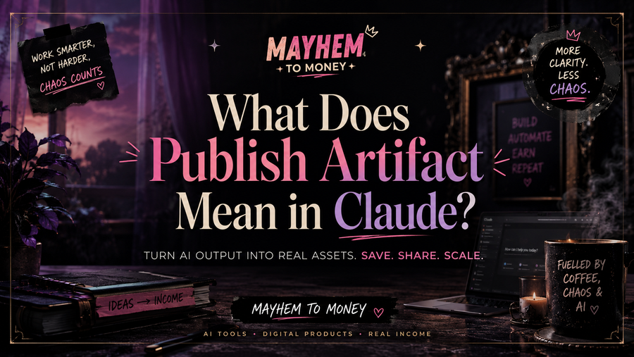 Dark Mayhem to Money blog banner explaining what publish artifact means in Claude for AI creators and digital product sellers
