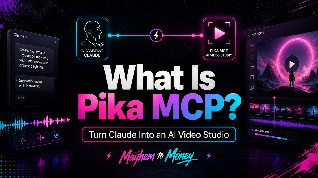 Pika MCP blog banner showing Claude connected to AI video tools for creators, in neon Mayhem to Money branding.