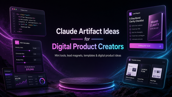 Claude Artifact ideas for digital product creators with neon mini tool mockups, lead magnet templates and HTML product screens.