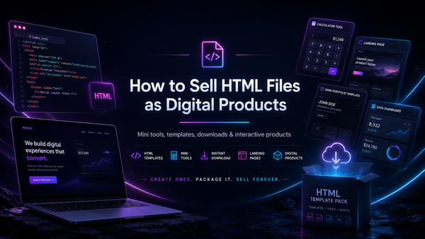 HTML files as digital products shown with neon code screens, mini tool mockups, landing page templates and downloadable product assets.