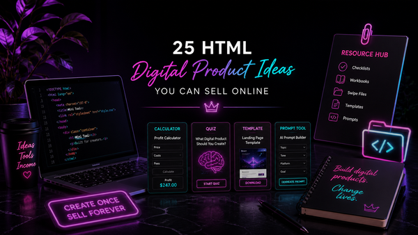 HTML digital product ideas shown as neon mini tools, calculators, templates, quizzes and downloadable website files.