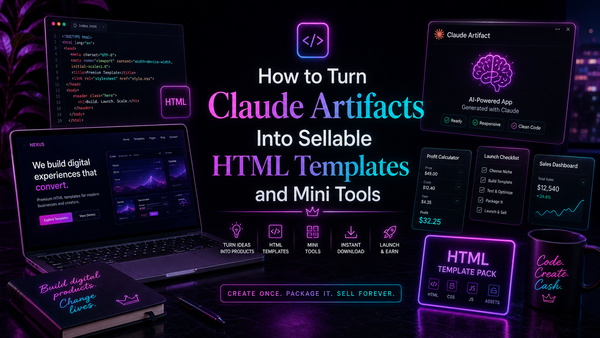 Claude Artifacts turned into sellable HTML templates and mini tools with neon product screens, code files and digital product mockups.