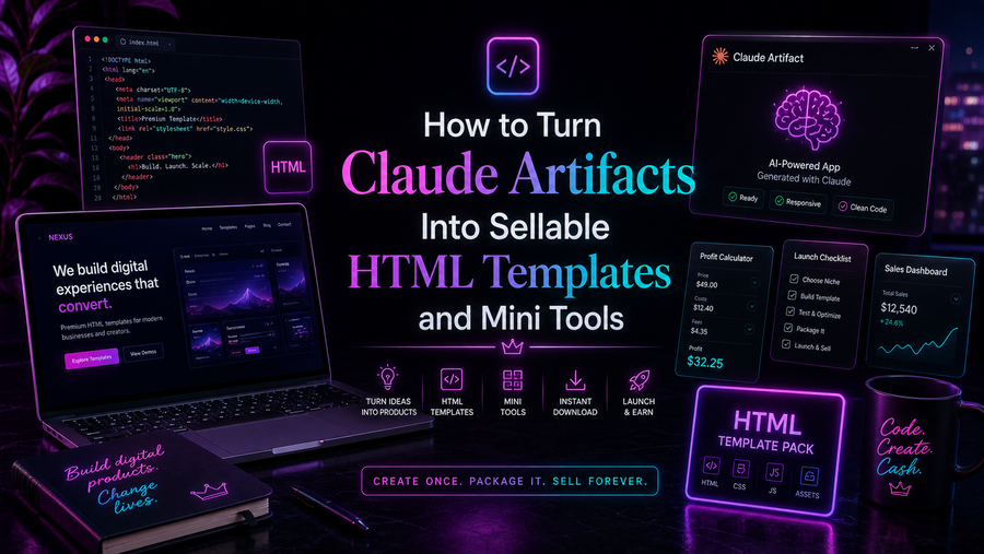 Claude Artifacts turned into sellable HTML templates and mini tools with neon product screens, code files and digital product mockups.