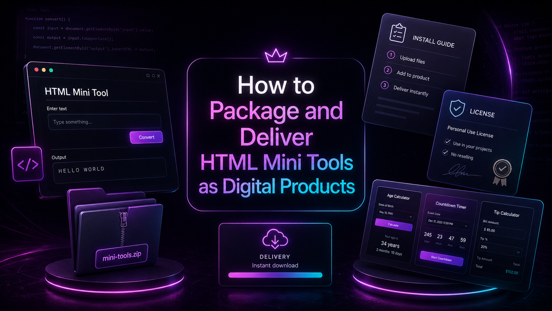 HTML mini tools packaged as digital products with neon zip files, instructions, licence terms, previews and Shopify download mockups.