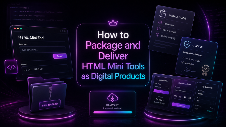 HTML mini tools packaged as digital products with neon zip files, instructions, licence terms, previews and Shopify download mockups.