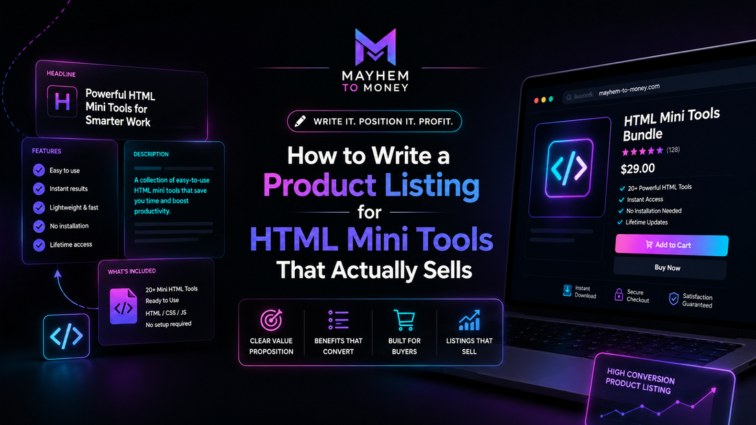 HTML mini tool product listing example with neon sales page mockups, product description sections and digital product checkout screens.