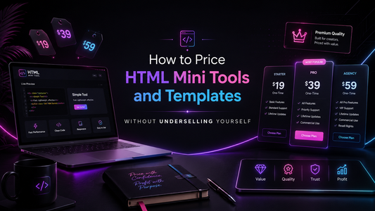 HTML mini tool pricing guide with neon price tags, product mockups, digital download screens and pricing tiers for templates.
