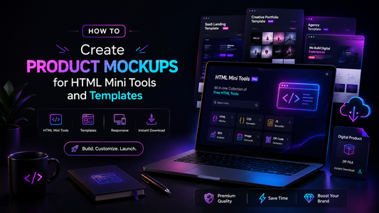 HTML mini tool product mockups with neon laptop screens, template previews, digital download files and product listing images.