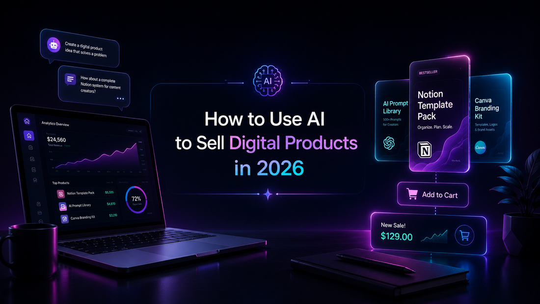 AI tools for selling digital products with neon laptop screens, product mockups, chatbots, blog content and digital download sales dashboard.