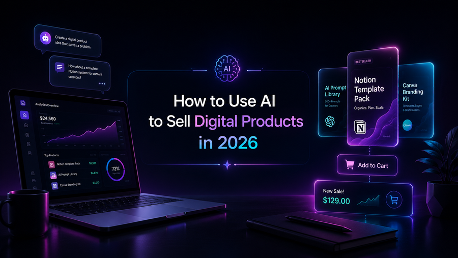AI tools for selling digital products with neon laptop screens, product mockups, chatbots, blog content and digital download sales dashboard.