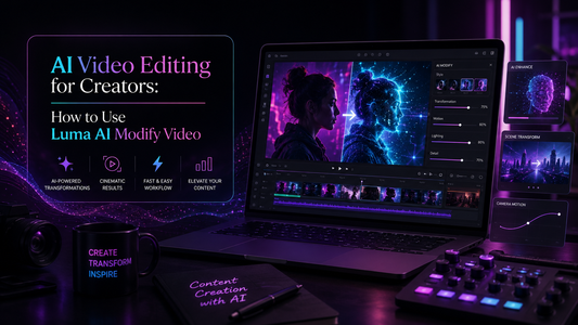 AI video editing for creators with neon video panels, Luma AI Modify Video interface, product promo clips and social content previews.
