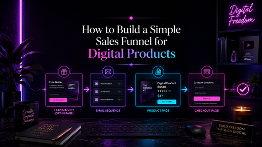 Simple sales funnel for digital products with neon landing page, email sequence, lead magnet, checkout page and automation flow.