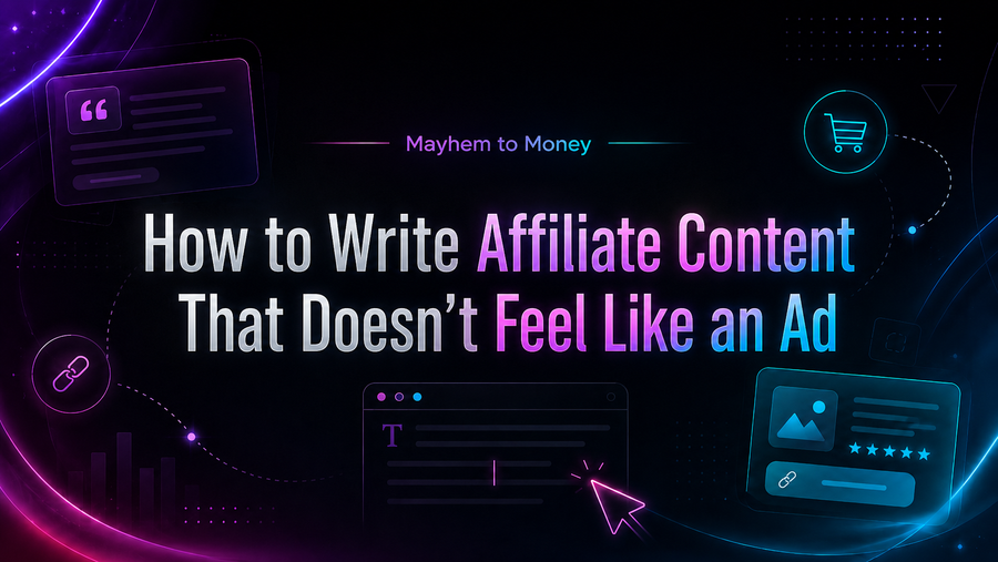 Dark purple Mayhem to Money blog banner for How to Write Affiliate Content That Doesn’t Feel Like an Ad
