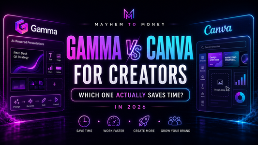 Gamma vs Canva for creators blog banner by Mayhem to Money, comparing AI tools for presentations, content, lead magnets and digital products.