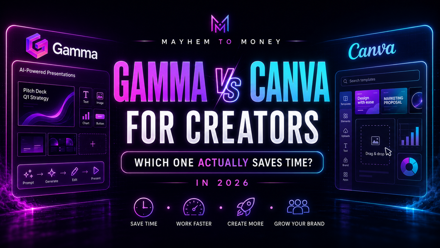 Gamma vs Canva for creators blog banner by Mayhem to Money, comparing AI tools for presentations, content, lead magnets and digital products.