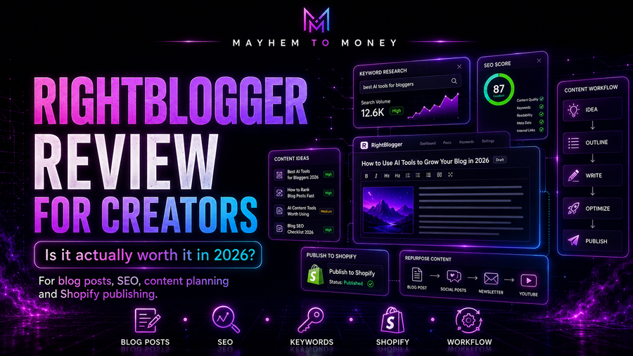 RightBlogger review for creators blog banner by Mayhem to Money, showing AI blogging tools for SEO, content planning, Shopify publishing and creator workflows.