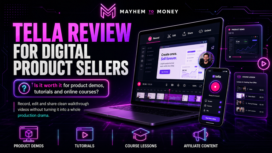 Tella review for digital product sellers blog banner by Mayhem to Money, showing screen recording for product demos, tutorials, course lessons and affiliate content.
