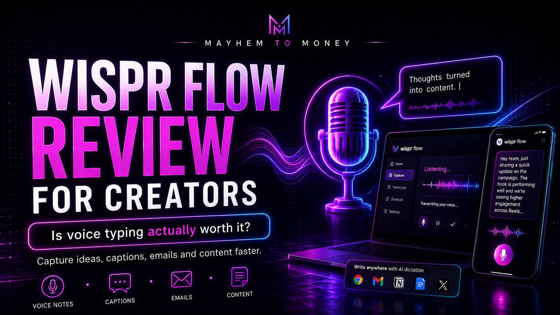 Wispr Flow review for creators blog banner by Mayhem to Money, showing AI voice typing for content, emails, captions and ADHD-friendly workflows.
