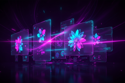 Glowing cyan and hot pink light streaks illuminate frosted glass panels displaying AI-generated floral clipart PNG files on a dark digital workspace.