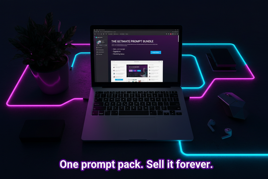 A dark neon, aesthetic flat lay with a laptop open showing a clean PDF prompt pack document, surrounded by a small potted plant. Dark neon purple, pink and cyan tones.