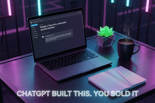 Flat lay in purple and cyan and pink tones — a laptop open to a ChatGPT chat window with a prompt typed in, a coffee mug, a small succulent, and a notebook.