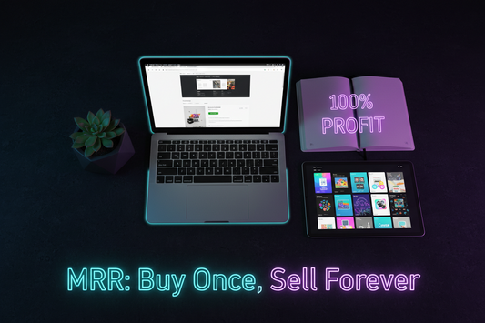 Flat lay of a MacBook showing a simple Shopify-style product page, a small succulent, a notebook with "100% profit" handwritten inside, and an ipad with Canva templates on the screen.