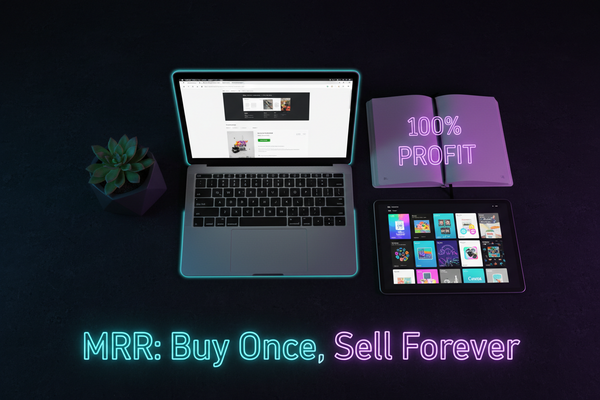 Flat lay of a MacBook showing a simple Shopify-style product page, a small succulent, a notebook with "100% profit" handwritten inside, and an ipad with Canva templates on the screen.