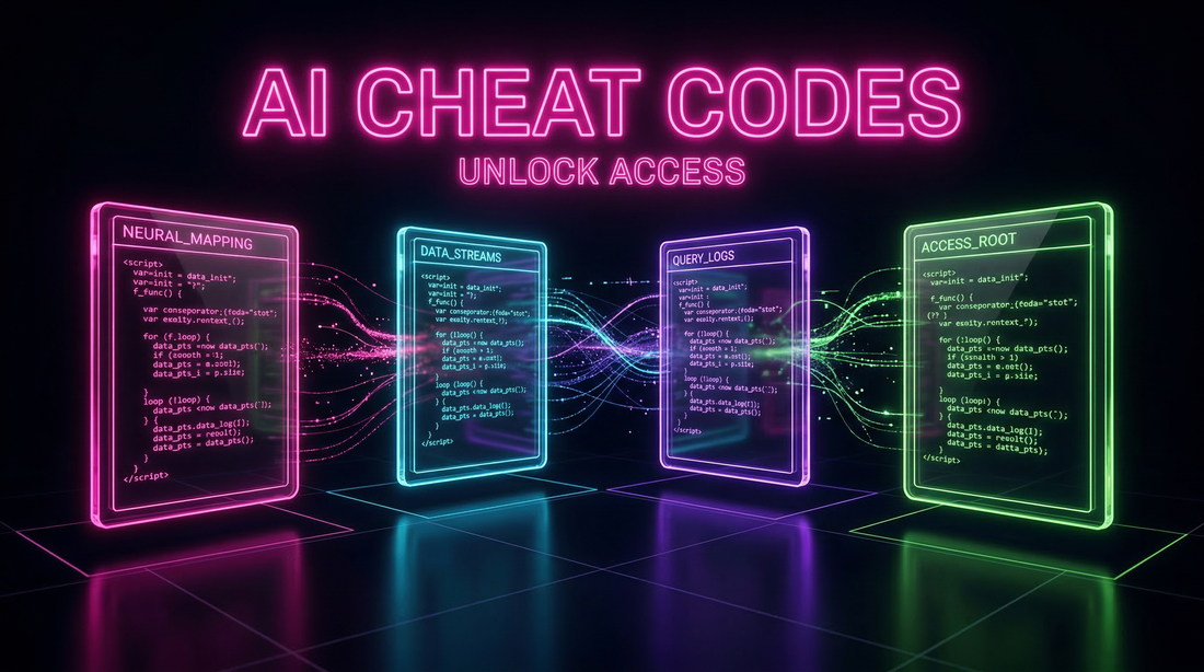 High-contrast millennial neon coded black background blog banner. A deep black field with four glowing glass cards (magenta, teal, violet, green) with coded text, linked by glowing data streams.