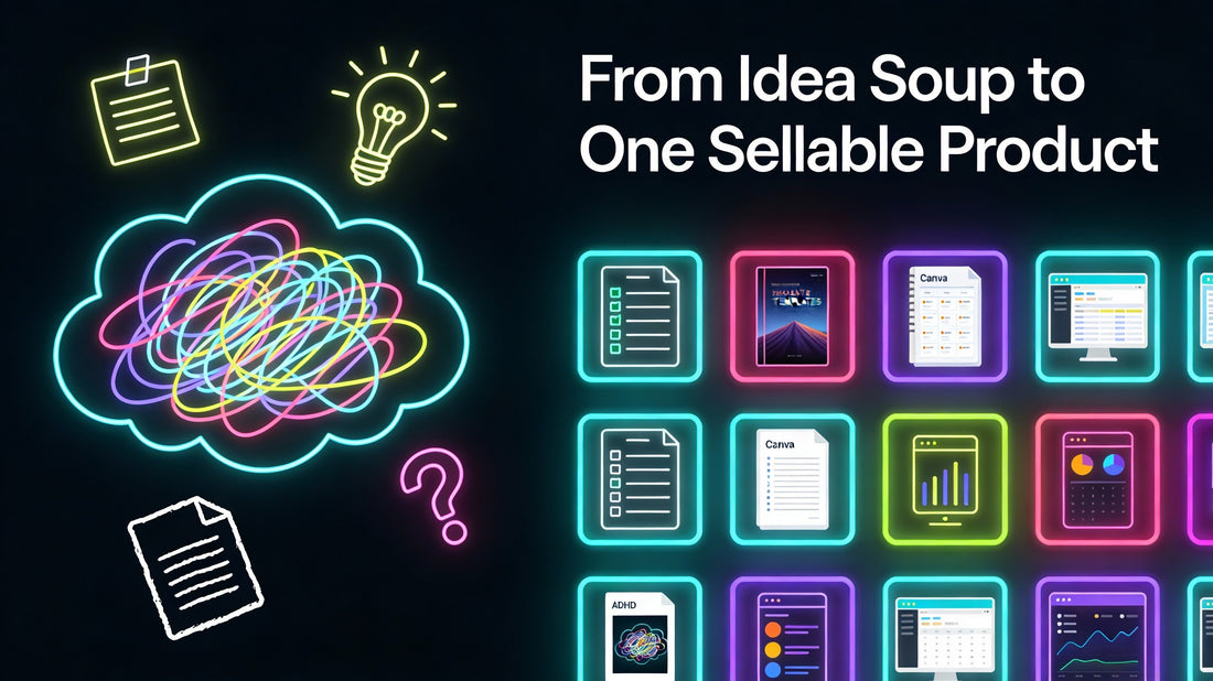 Dark neon hacker-style blog banner showing ADHD idea chaos on the left transforming into organised glowing digital product tiles on the right, illustrating an ADHD-friendly digital product system.