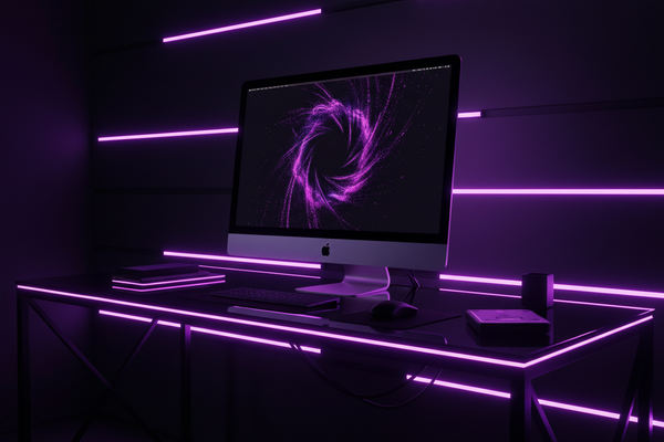 ADHD Productivity Systems for Entrepreneurs (That Don't Require Becoming a Different Person) dark bold aesthetic background with neon purple and pink accents, iMac mockup