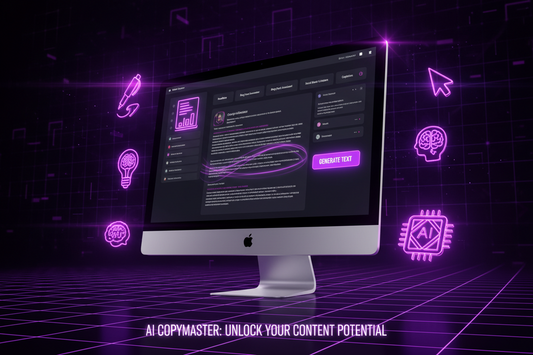 AI copywriting tool that will blow your mind. dark background, neon purple and pink accents, content creator copywriting tool icons and imac mockup. 