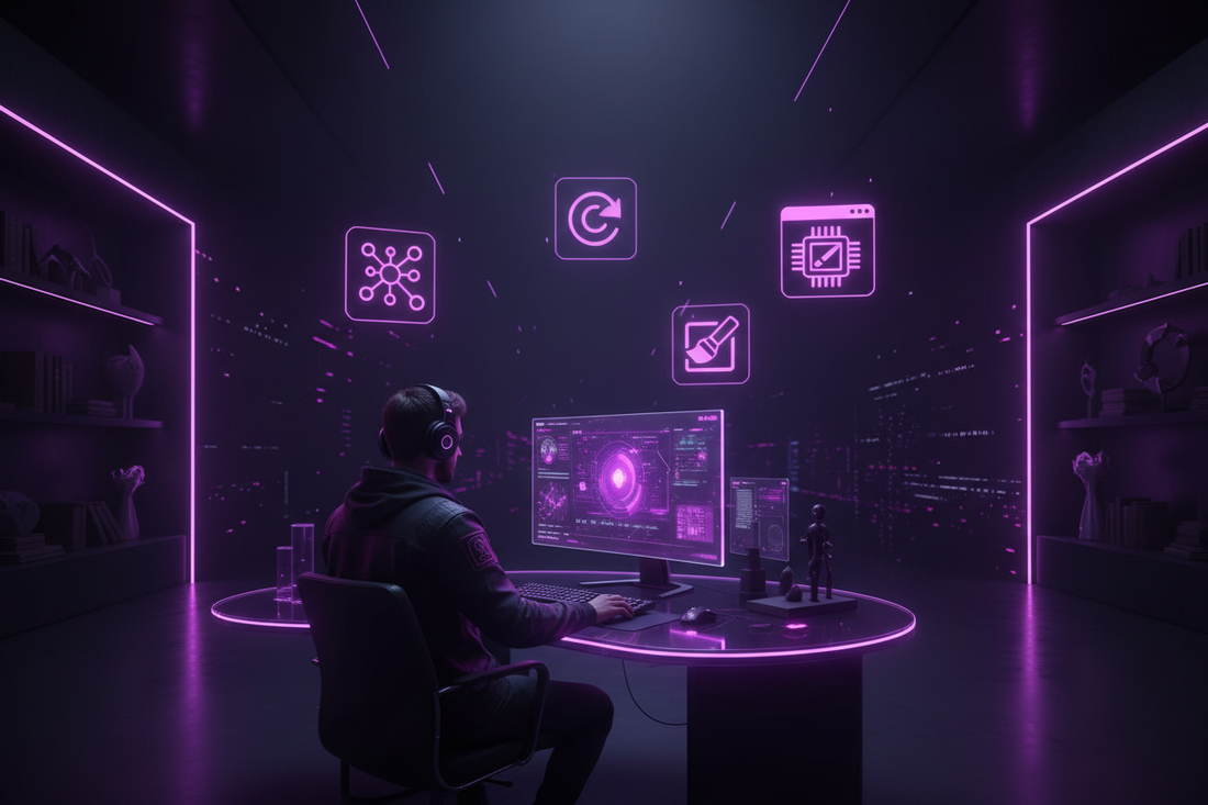 Best AI Tools for Content Creators in 2026 (That Are Actually Worth Using) dark bold modern SaaS aesthetic background, neon purple and pink accents, ai tools icons, content creator
